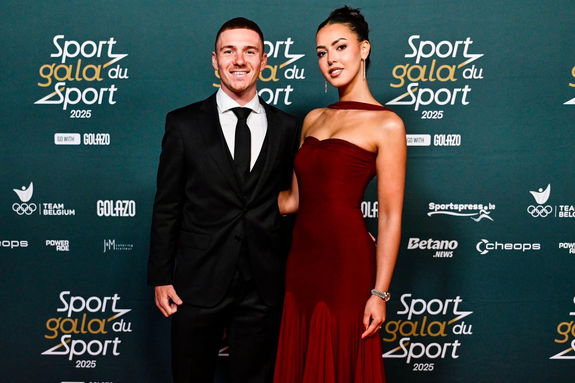 Remco Evenepoel and his wife Oumaima Oumi Rayane pictured at the 'Sportgala' award show, to announce the sport women and men of the year 2025, Sunday 14 December 2025 in Schelle. BELGA PHOTO DIRK WAEM