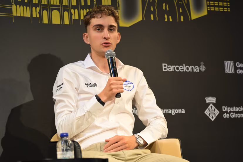 French Paul Seixas of Decathlon CMA CGM Team pictured during a press conference ahead of the 2026 Tour de France cycling race, Thursday 02 July 2026, in Barcelona, Spain. The 113th edition of the Tour de France starts on Saturday 4 July in Barcelona, Spain, and will finish in Paris, France on the 26th of July. BELGA PHOTO DAVID PINTENS