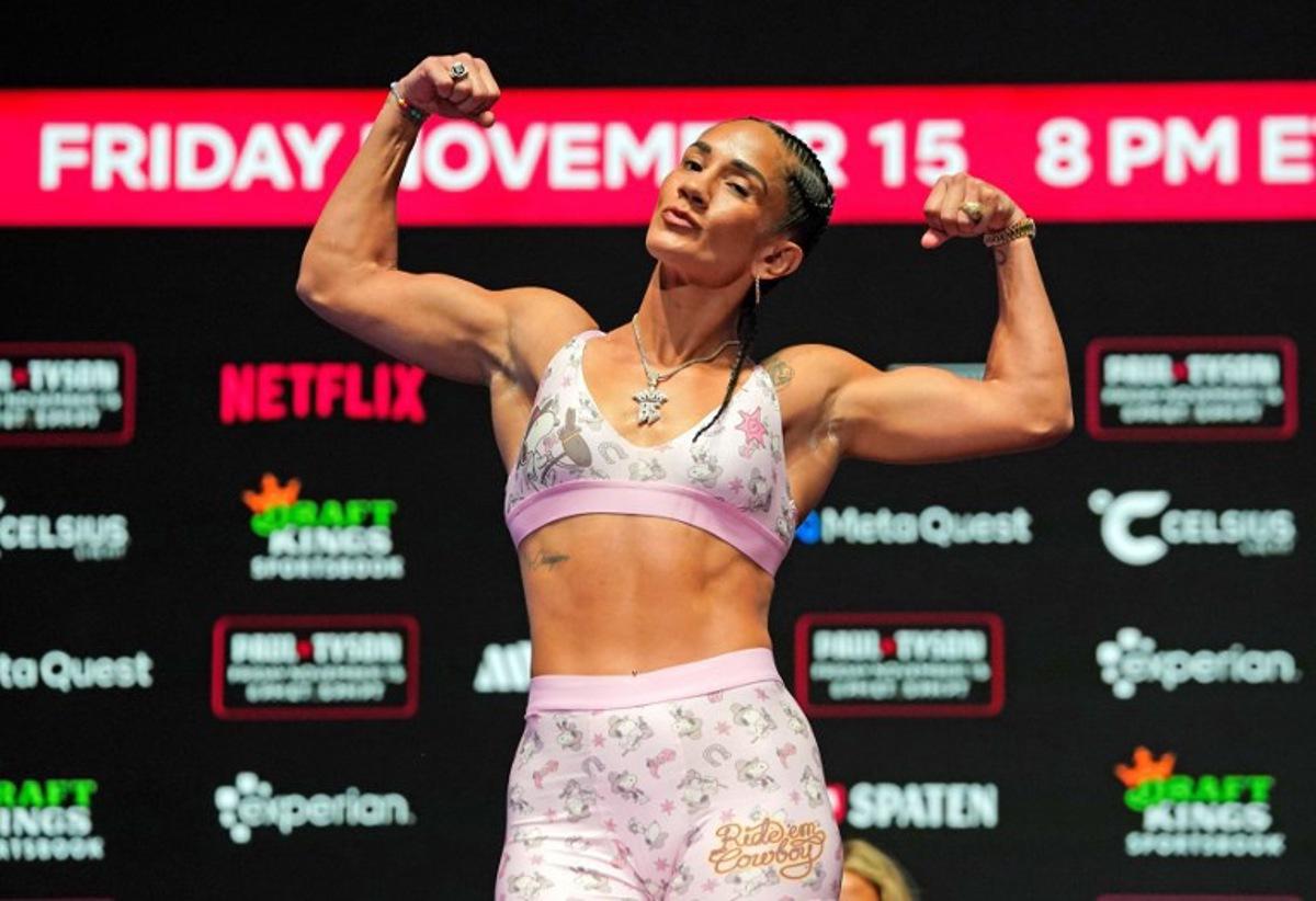 Puerto Rican boxer Amanda Serrano takes part in a weigh-in ahead of her boxing fight against Irish boxer Katie Taylor for IBF, WBA, WBC, and WBO women's titles at The Pavilion at Toyota Music Factory in Irving, Texas, on November 14, 2024. TIMOTHY A. CLARY / AFP