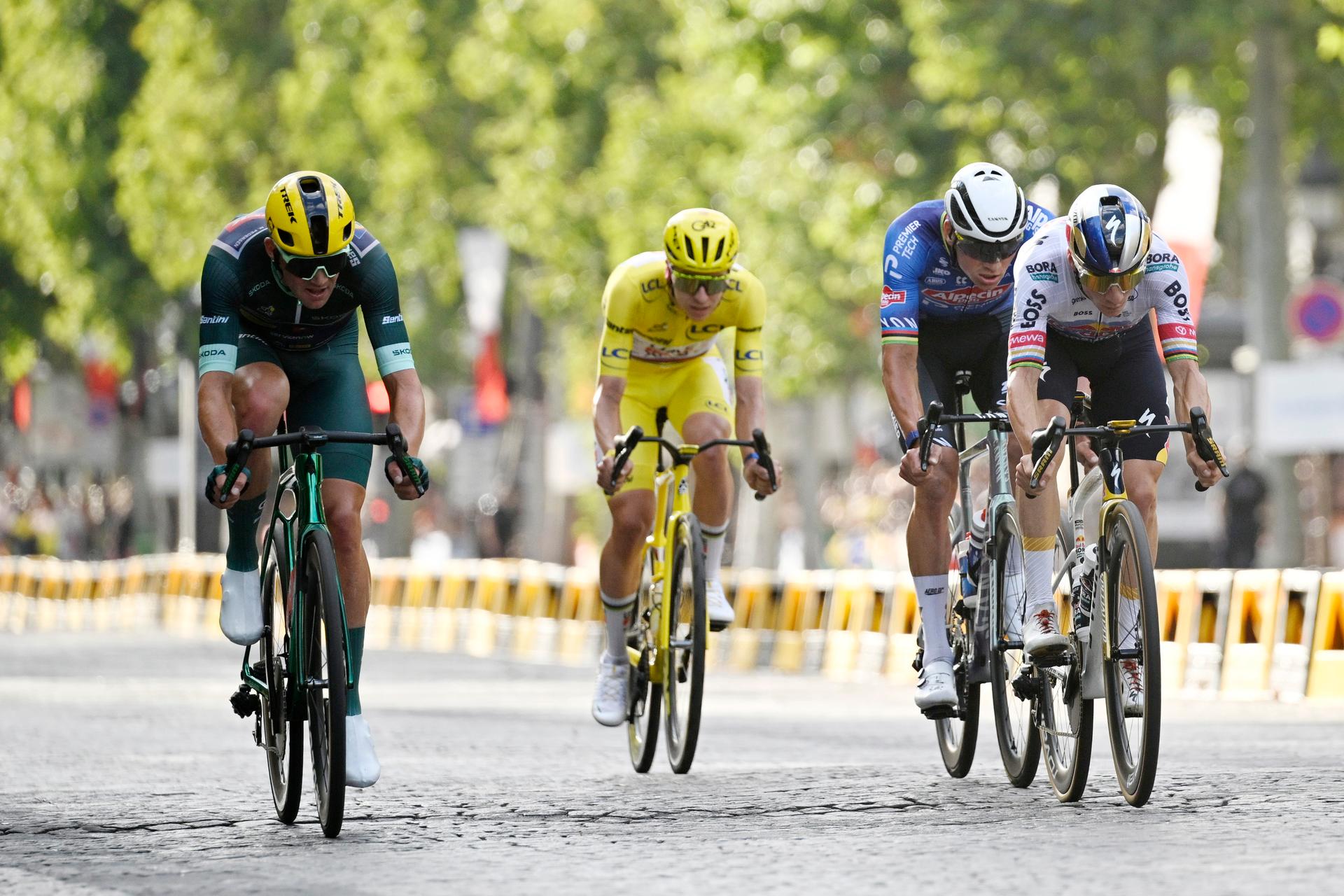 Danish Casper Pedersen of Soudal Quick-Step, Slovenian Tadej Pogacar of UAE Team Emirates-XRG, Dutch Mathieu van der Poel of Alpecin-Premier Tech and Belgian Remco Evenepoel of Red Bull-BORA-hansgrohe pictured in action during stage 21 of the 2026 Tour de France cycling race, a stage of 130km from Thoiry to Paris Champs-Elysees , on Sunday 26 July 2026. The 113th edition of the Tour de France starts on Saturday 4 July in Barcelona, Spain, and will finish in Paris, France on the 26th of July. BELGA PHOTO JASPER JACOBS