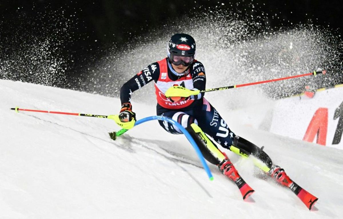 US' Mikaela Shiffrin competes during the women's slalom race of the FIS Alpine Ski World Cup in Flachau, Austria, on January 13, 2026. BARBARA GINDL / APA / AFP