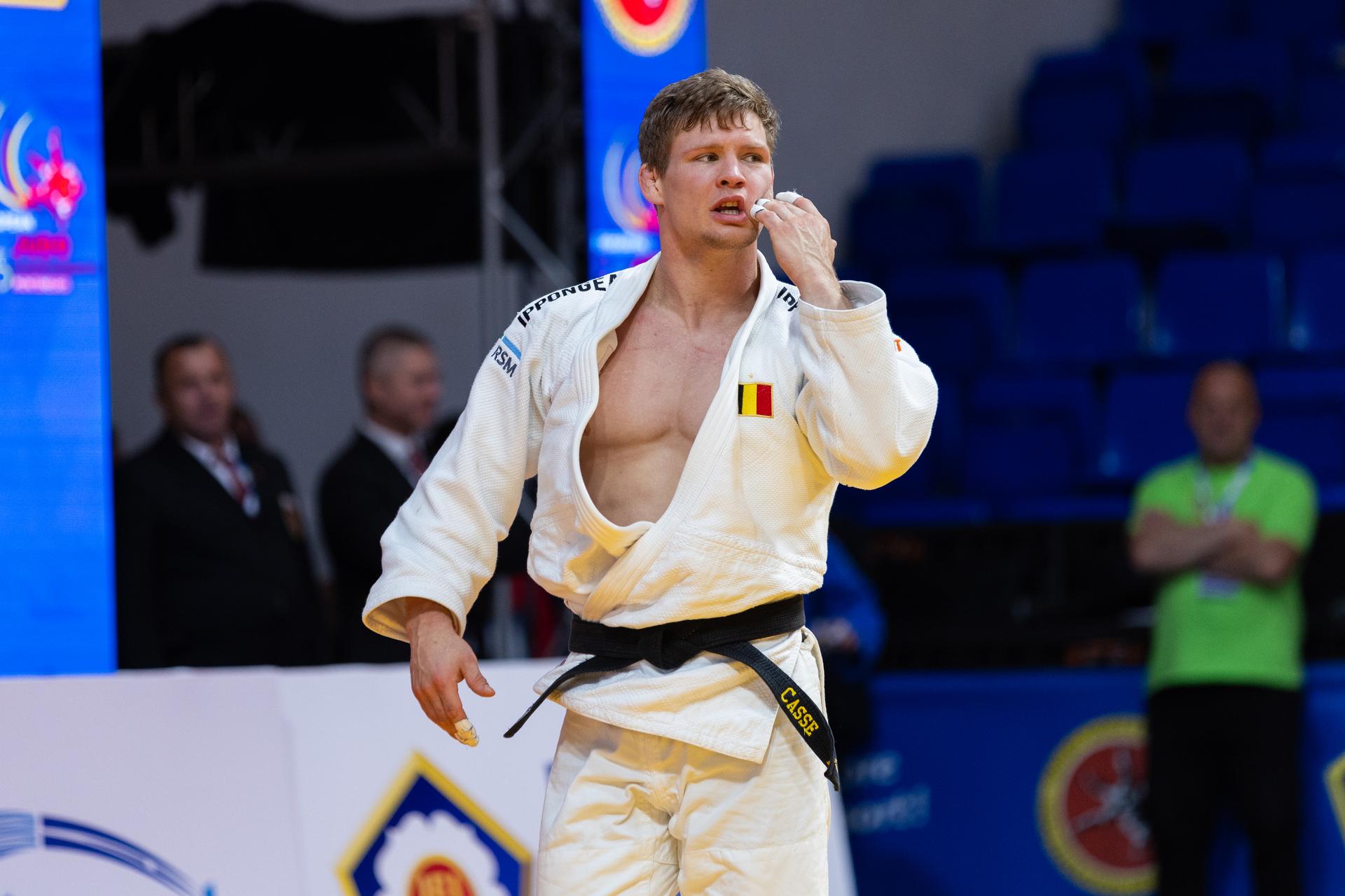 Belgian Matthias Casse reacts during a fight in the Men -81kg, at the European Judo Championships in Podgorica, Montenegro, on Friday 25 April 2025. The tournament is taking place from 23 tot 27 April 2025. BELGA PHOTO NIKOLA KRISTC