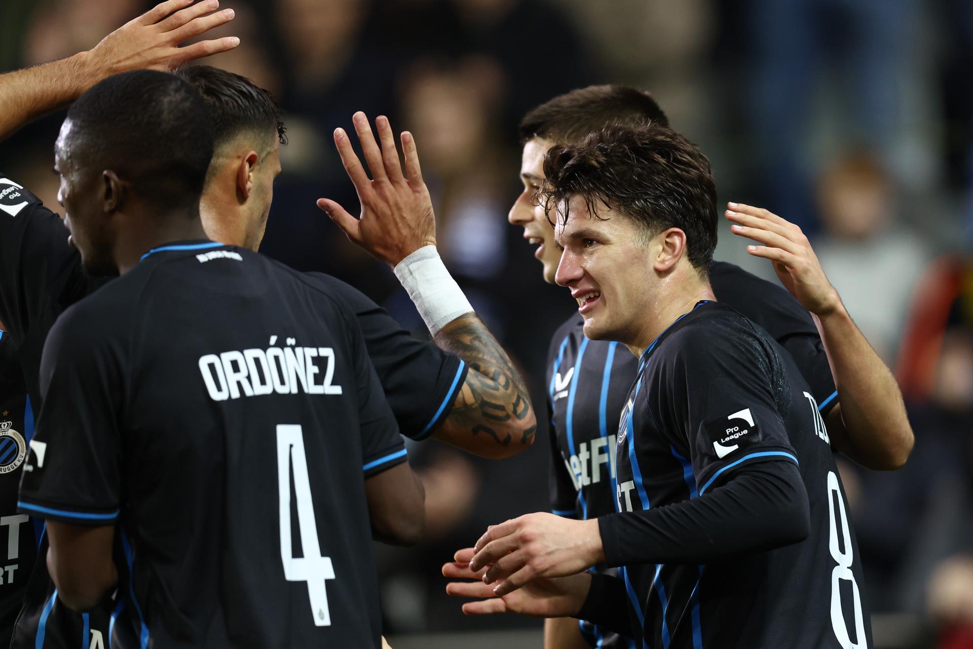 Club's Christos Tzolis celebrates after scoring during a soccer match between Club Brugge and FC Dender EH, Saturday 01 November 2025 in Brugge, on day 13 of the 2025-2026 'Jupiler Pro League' first division of the Belgian championship. BELGA PHOTO BRUNO FAHY