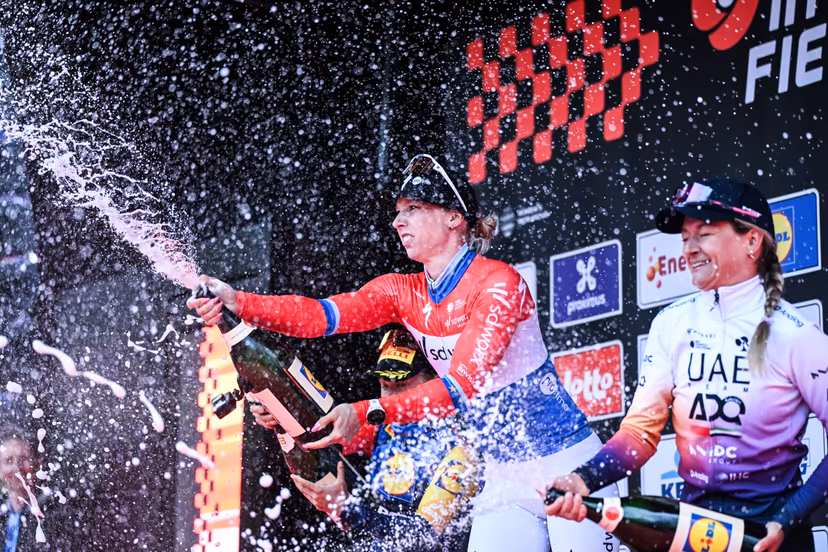 Dutch Lorena Wiebes of SD Worx-Protime celebrates on the podium after winning the women elite 'Wevelgem to Wevelgem - In Flanders Fields' one day cycling race, 134.9 km from and to Wevelgem, on Sunday 29 March 2026. BELGA PHOTO ELIAS ROM