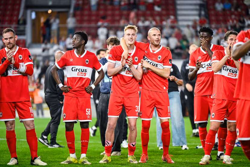 Antwerp's Zeno Van Den Bosch and Antwerp's Geoffry Hairemans celebrate after winning a soccer match between Royal Antwerp FC and KVC Westerlo, Saturday 23 May 2026 in Antwerp, on the last day of the Europe Play-offs (PO2) of the 2025-2026 'Jupiler Pro League' first division of the Belgian championship. BELGA PHOTO TOM GOYVAERTS