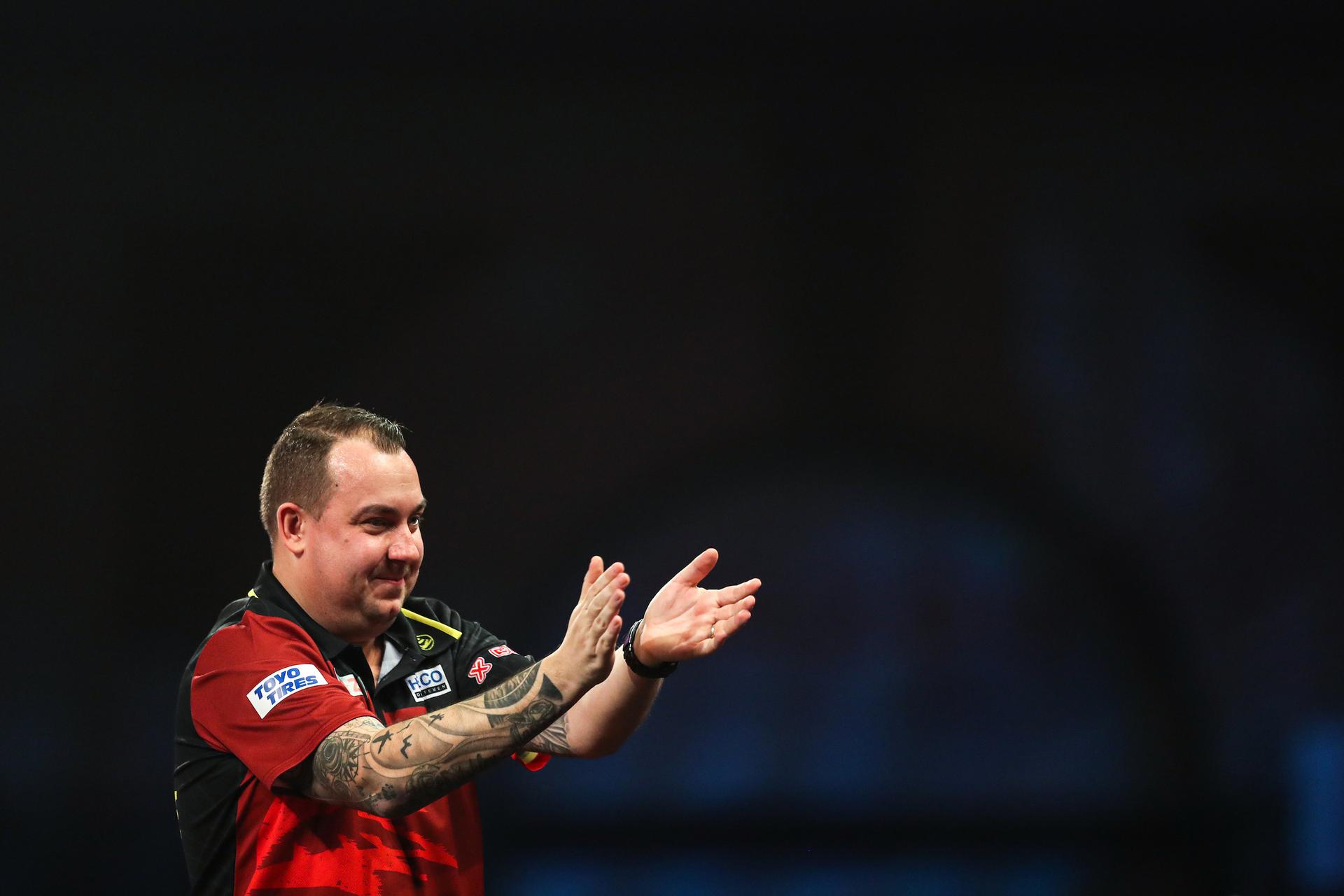 ATTENTION EDITORS - HAND OUT PICTURES - EDITORIAL USE WITH STORY ON DARTS WORLD CHAMPIONSHIPS ONLY - MANDATORY CREDIT KIERAN CLEEVES/PDC Hand out pictures released by PDC Professional Darts Corporation shows Belgian Kim Huybrechts celebrating after defeating Scottish Wright on day ten of the 2023 Cazoo World Darts Championship at Alexandra Palace, London, UK, on Tuesday 27 December 2022. MANDATORY CREDIT KIERAN CLEEVES/PDC