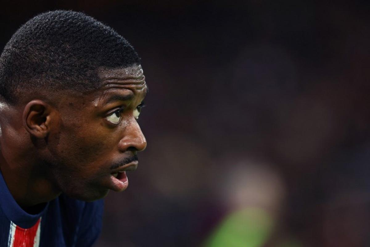 Paris Saint-Germain's French forward #10 Ousmane Dembele reacts during the French L1 football match between Paris Saint-Germain (PSG) and OGC Nice at the Parc des Princes stadium in Paris, on April 25, 2025. FRANCK FIFE / AFP
