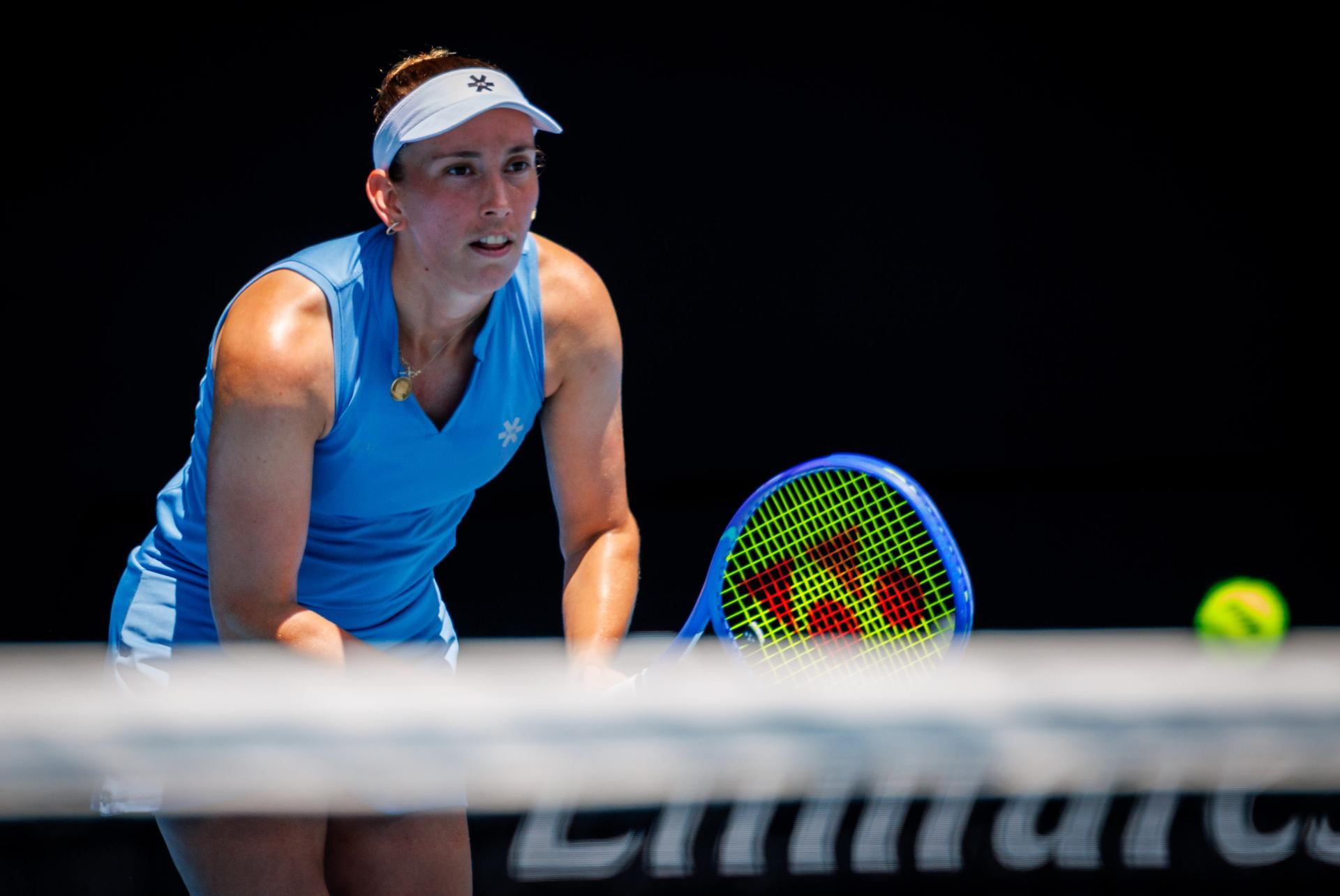 Belgian Elise Mertens pictured during a doubles tennis match between Belgian-Chinese pair Mertens-Zhang and Kazakh/Serbian pair Danilina/Krunic, in the final of the women doubles at the Australian Open, Melbourne Park, Melbourne on Saturday 31 January 2026. BELGA PHOTO PATRICK HAMILTON --- BENELUX ONLY ---