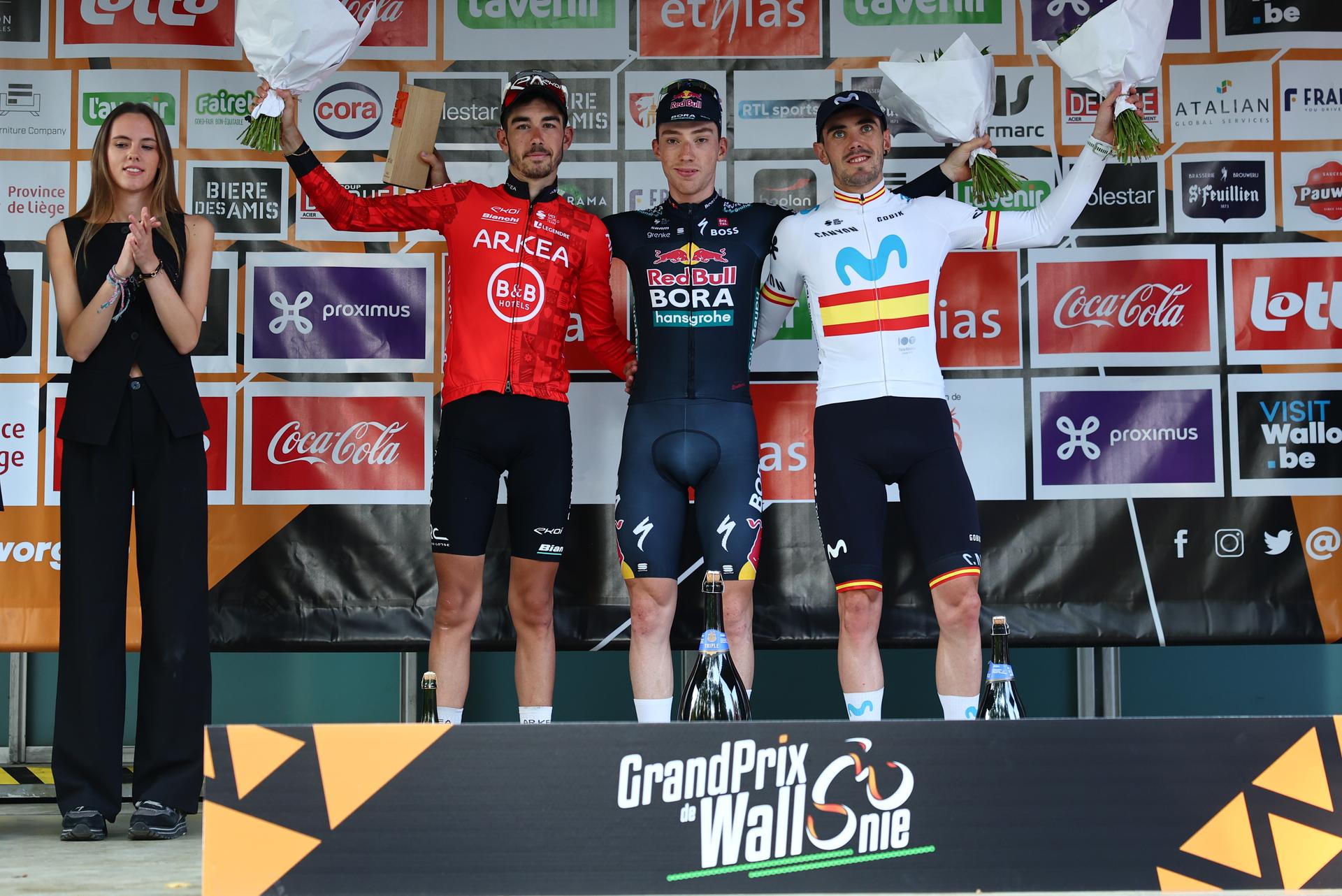 French Clement Champoussin of Arkea-BB Hotels, Spanish Roger Adria of Red Bull-Bora-Hansgrohe and Alex Aranburu of Movistar Team pictured on the podium after the one day cycling race Grand Prix de Wallonie 2024 (202,3 km), from Blegny to the Citadelle de Namur, in Namur, on Wednesday 18 September 2024. BELGA PHOTO DAVID PINTENS