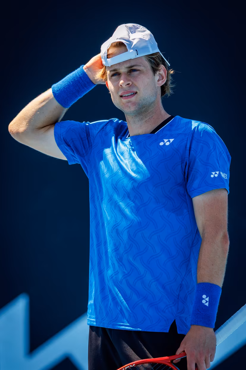 Belgian Zizou Bergs pictured during a first round match of Belgium's Bergs/Collignon against Australia's pair McCabe/Tu in the men doubles at the Australian Open, Melbourne Park, Melbourne on Wednesday 21 January 2026. McCabe/Tu won the game. BELGA PHOTO PATRICK HAMILTON --- BENELUX ONLY ---