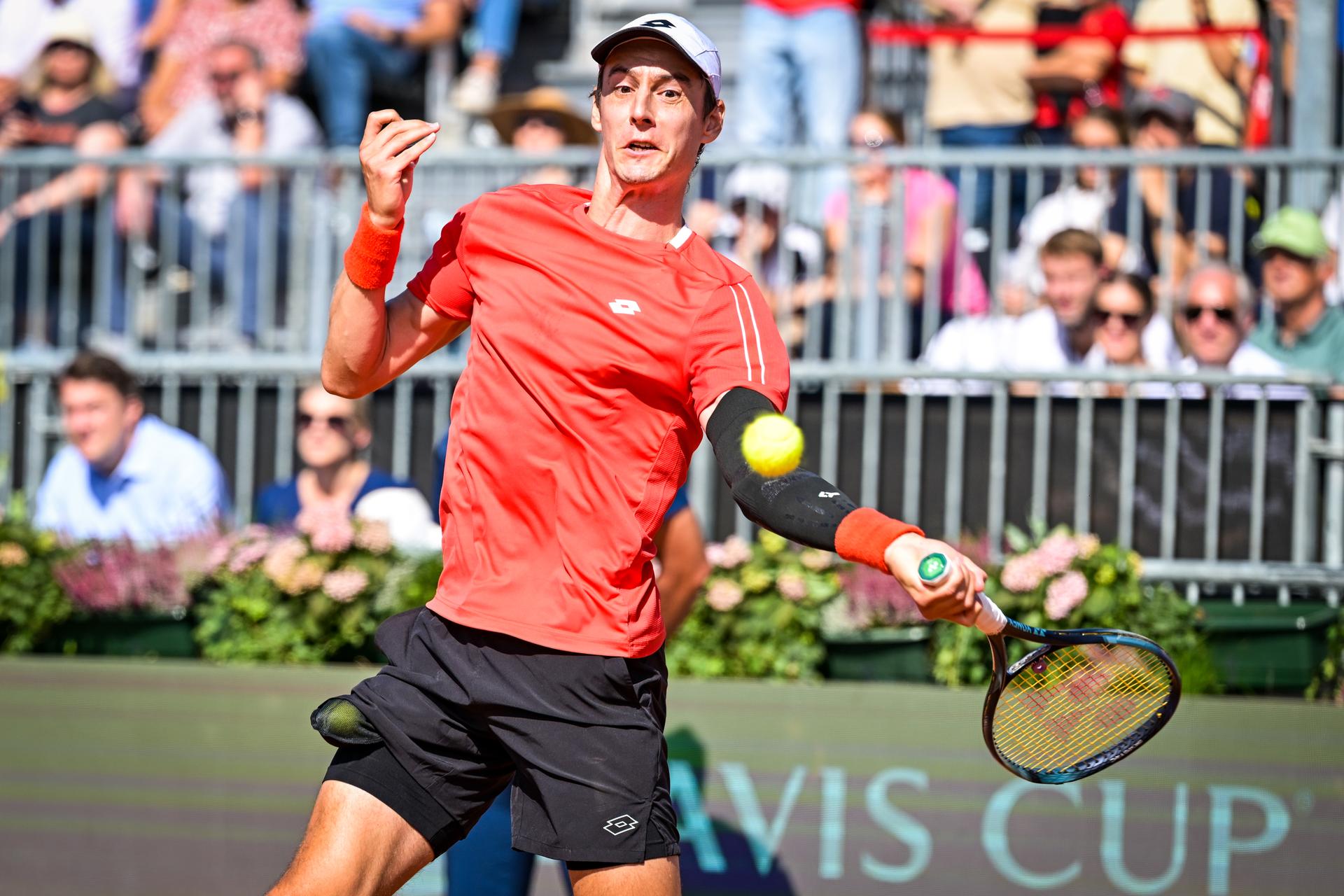 Belgian Joran Vliegen is pictured in action during a tennis match between Austrian pair Miedler/Oberleitner and Belgian pair Gille/ Vliegen, the third rubber in the tie between Austria and Belgium, qualifiers for the Davis Cup tournament, on Saturday 19 September 2026 in Vienna, Austria. BELGA PHOTO DAVID PINTENS