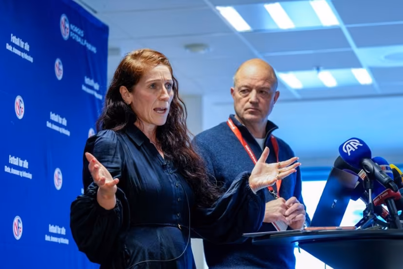 President of the Norwegian Football Association Lise Klaveness and Secretary General of the Norwegian Football Association, Karl-Petter Loken address a press conference of the Norwegian Football Association in Oslo, Norway on October 10, 2025 ahead of the FIFA World Cup 2026 European qualification football match Norway vs Israel to be played at Ullevaal Stadium on October 11. Fredrik Varfjell / NTB / AFP