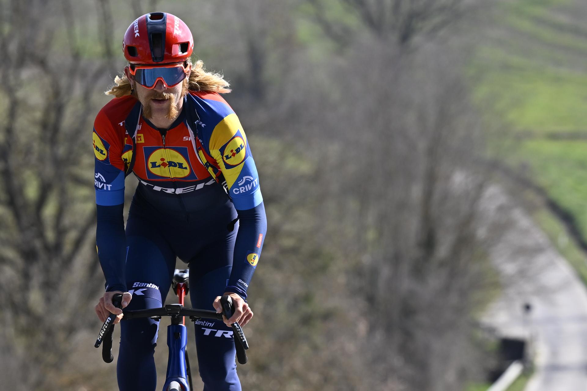 US' Quinn Simmons of Lidl-Trek pictured during preparations for tomorrow's 'Strade Bianche' one day cycling race from and to Siena, Italy, Friday 07 March 2025. BELGA PHOTO DIRK WAEM