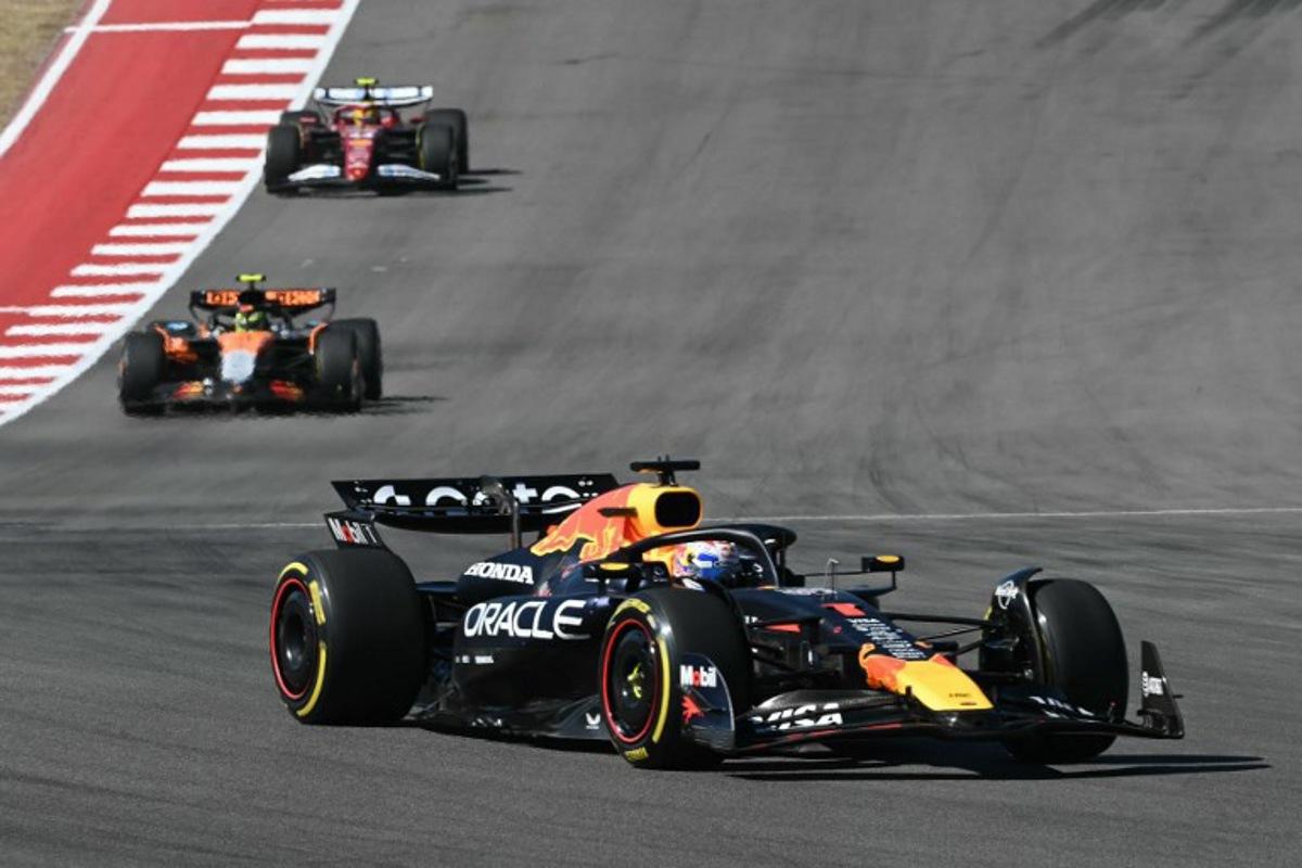 Red Bull Racing's Dutch driver Max Verstappen, winner of the pole position, leads the pack as the race begins during the United States Formula One Grand Prix at the Circuit of the Americas in Austin, Texas, on October 19, 2025. RONALDO SCHEMIDT / AFP