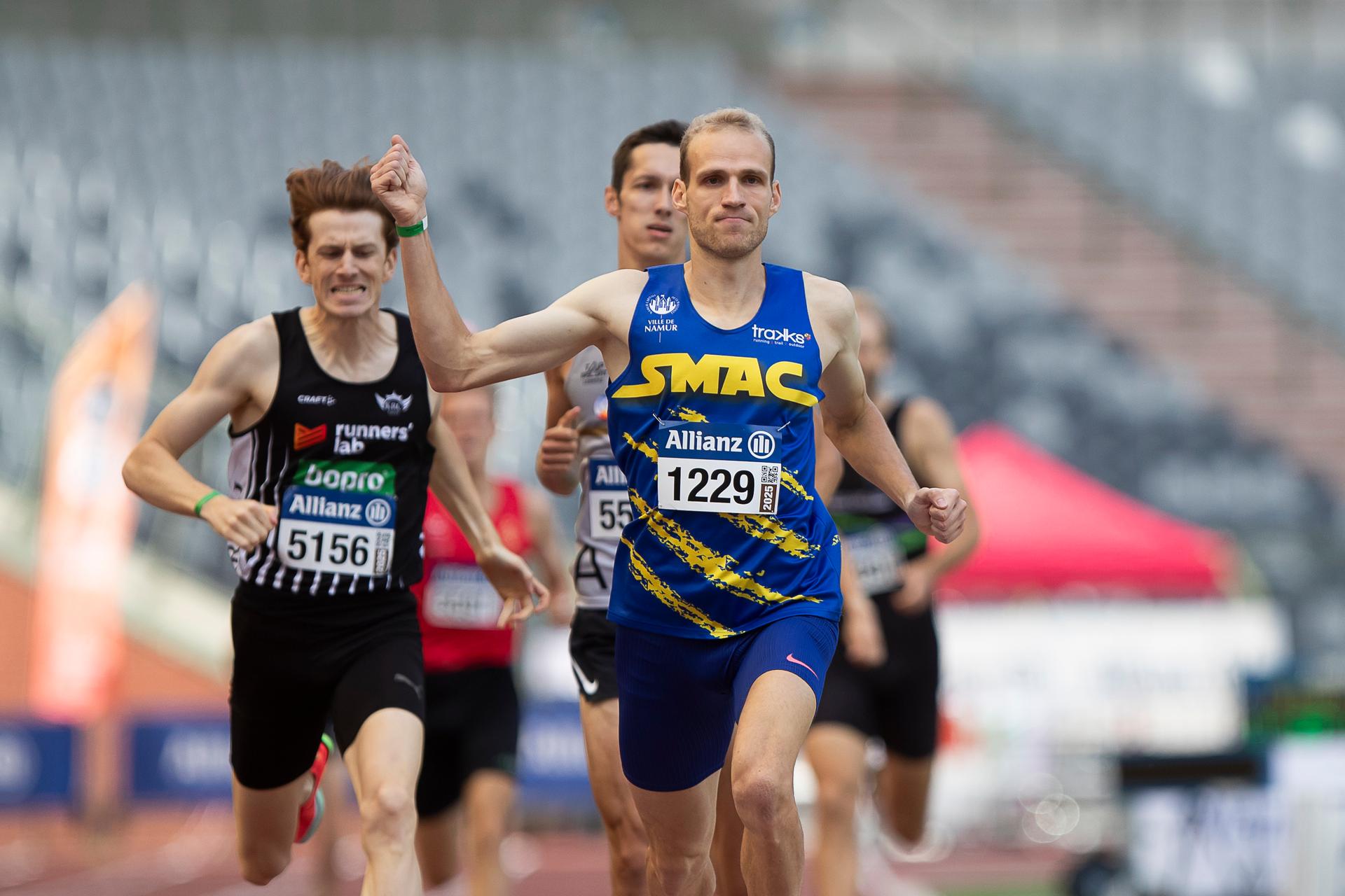 Eliott Crestan celebrates after winning the men's 800m, at the Belgian athletics championships, Sunday 03 August 2025 in Brussels. The Belgian championships take place from 2-3 August, 2025. BELGA PHOTO KRISTOF VAN ACCOM