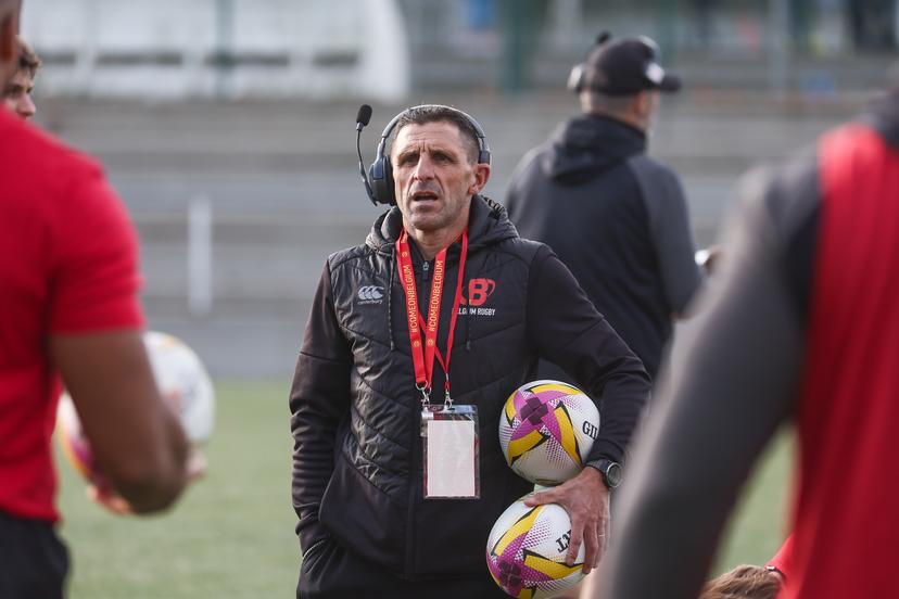 Belgium's head coach Laurent Dossat pictured during a training session of the Black Devils, the Belgian national rugby team, at the Nelson Mandela Stadium in Neder-Over-Heembeek, Brussels, Sunday 02 November 2025. The team is preparing for the qualification games for the World Cup. BELGA PHOTO BRUNO FAHY