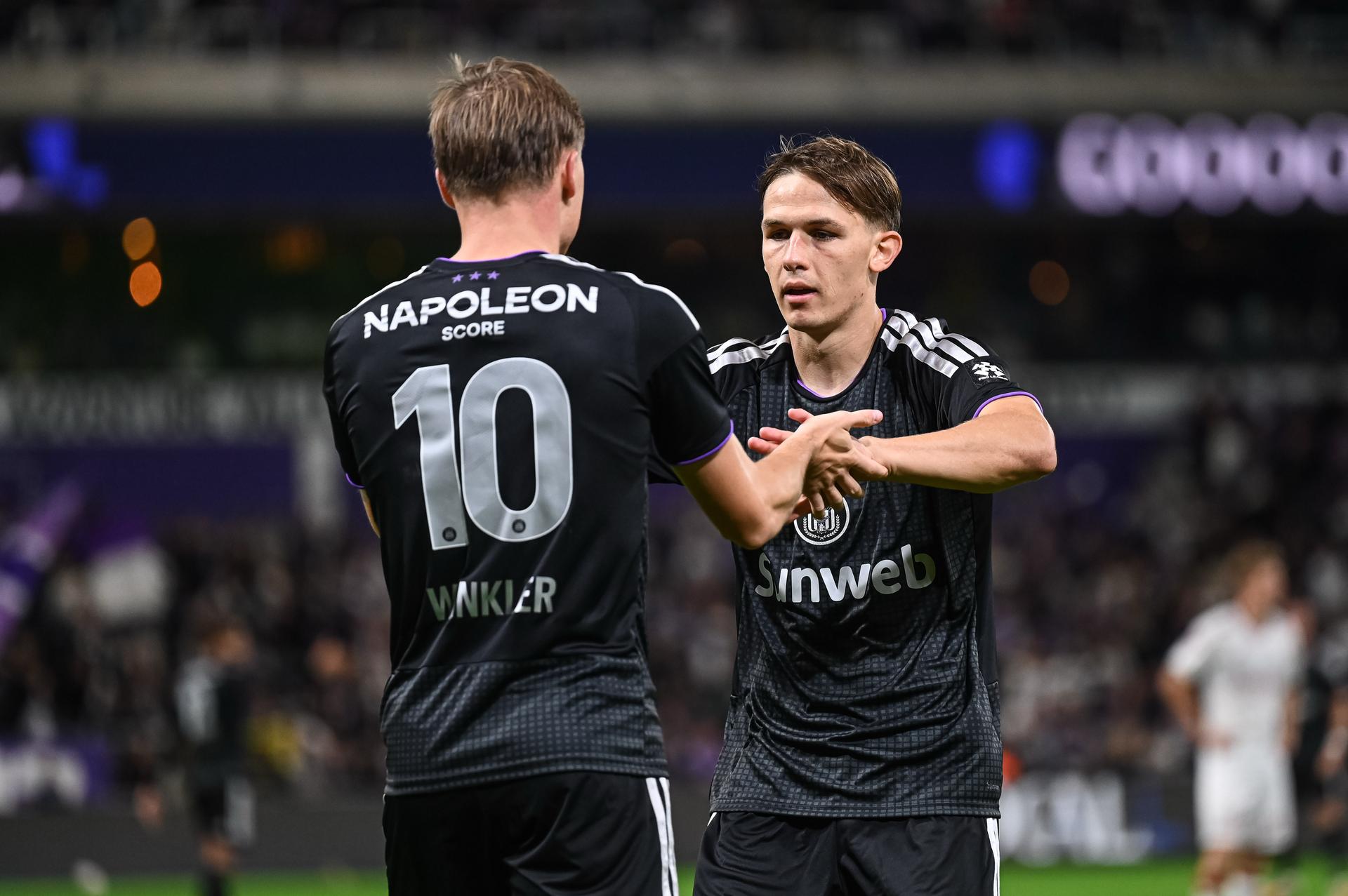 Anderlecht's Marten Winkler celebrate after scoring during a soccer match between RSC Anderlecht and SV Zulte Waregem, Saturday 19 September 2026 in Brussels, on day 7 of the 2026-2027 'Jupiler Pro League' first division of the Belgian championship. BELGA PHOTO EMILE WINDAL