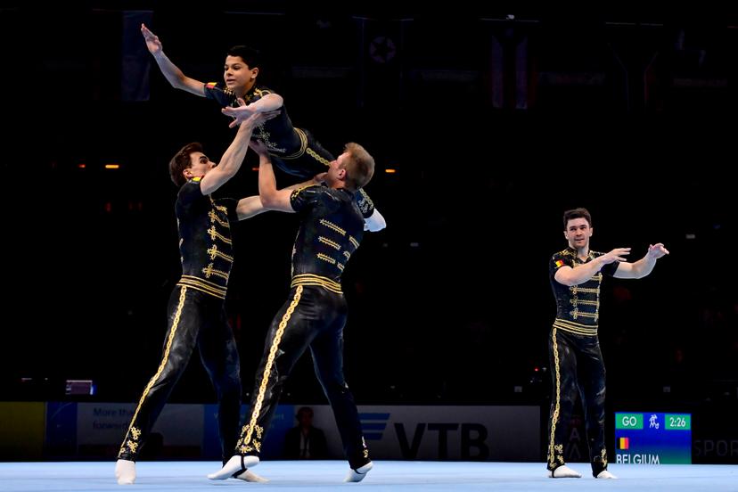 The Belgian Men's group with Noam Patel Raj, Bram Geusens, Jonas Anthoon, Hannes Garre pictured in action during the third day of the 26th edition of the world championships acrobatic gymnastics in Antwerp, Sunday 15 April 2018. BELGA PHOTO DIRK WAEM