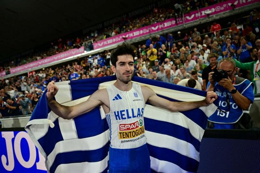 Gold medallist Greece's Miltiadis Tentoglou celebrates after winning the men's long jump final during the European Athletics Championships at Alexander Stadium in Birmingham on August 11, 2026. Ben STANSALL / AFP