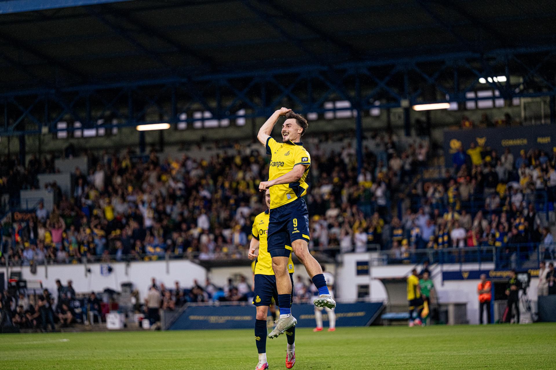 Union's Mateo Biondic celebrate after scoring during a soccer match between Union Saint-Gilloise and RSC Anderlecht, Sunday 30 August 2026 in Brussels, on day 4 of the 2026-2027 'Jupiler Pro League' first division of the Belgian championship. BELGA PHOTO EMILE WINDAL
