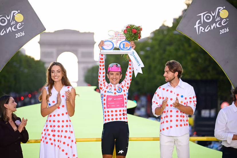 Ecuadorian Richard Carapaz of EF Education-EasyPost and is pictured on the podium after stage 21 of the 2026 Tour de France cycling race, a stage of 130km from Thoiry to Paris Champs-Elysees , on Sunday 26 July 2026. The 113th edition of the Tour de France starts on Saturday 4 July in Barcelona, Spain, and will finish in Paris, France on the 26th of July. BELGA PHOTO POOL BERNARD PAPON