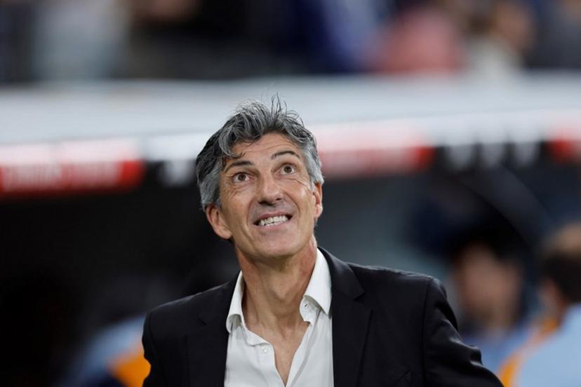 Real Sociedad's Spanish coach Imanol Alguacil looks on during the Spanish Copa del Rey (King's Cup) semi-final second leg football match between Real Madrid CF and Real Sociedad at the Santiago Bernabeu stadium in Madrid on April 1, 2025. OSCAR DEL POZO / AFP
