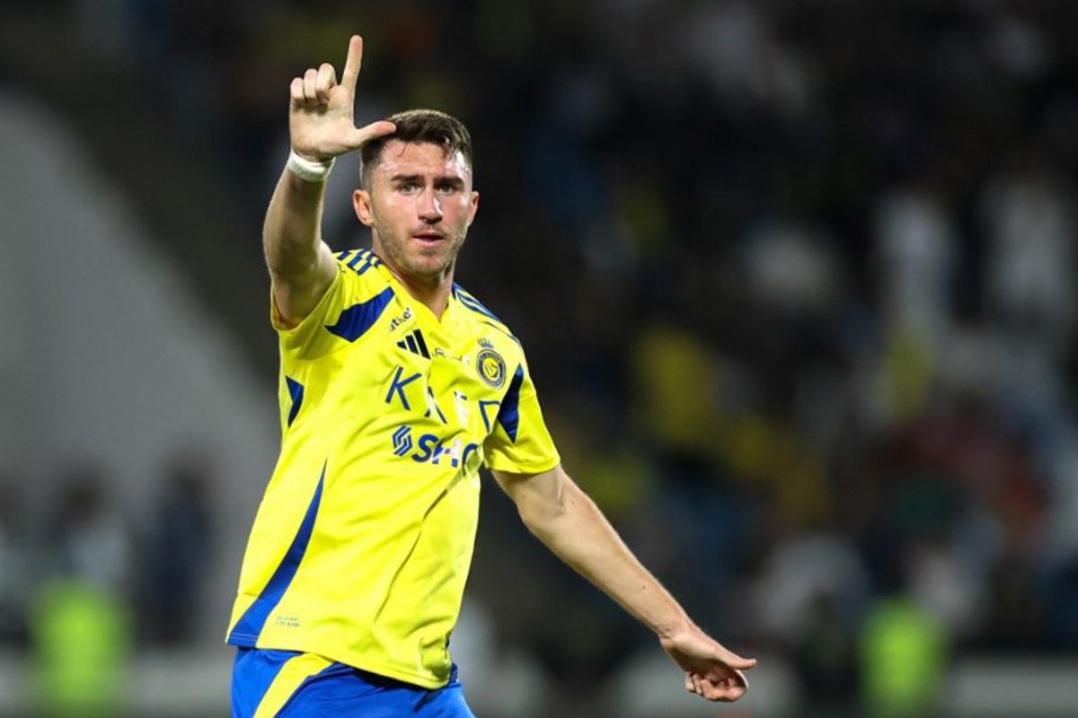 Nassr's French defender #27 Aymeric Laporte celebrates after scoring his team's first goal during the Saudi Pro League football match between Damac and Al-Nassr at Prince Sultan bin Abdulaziz Sports City in Abha on April 22, 2025. AFP