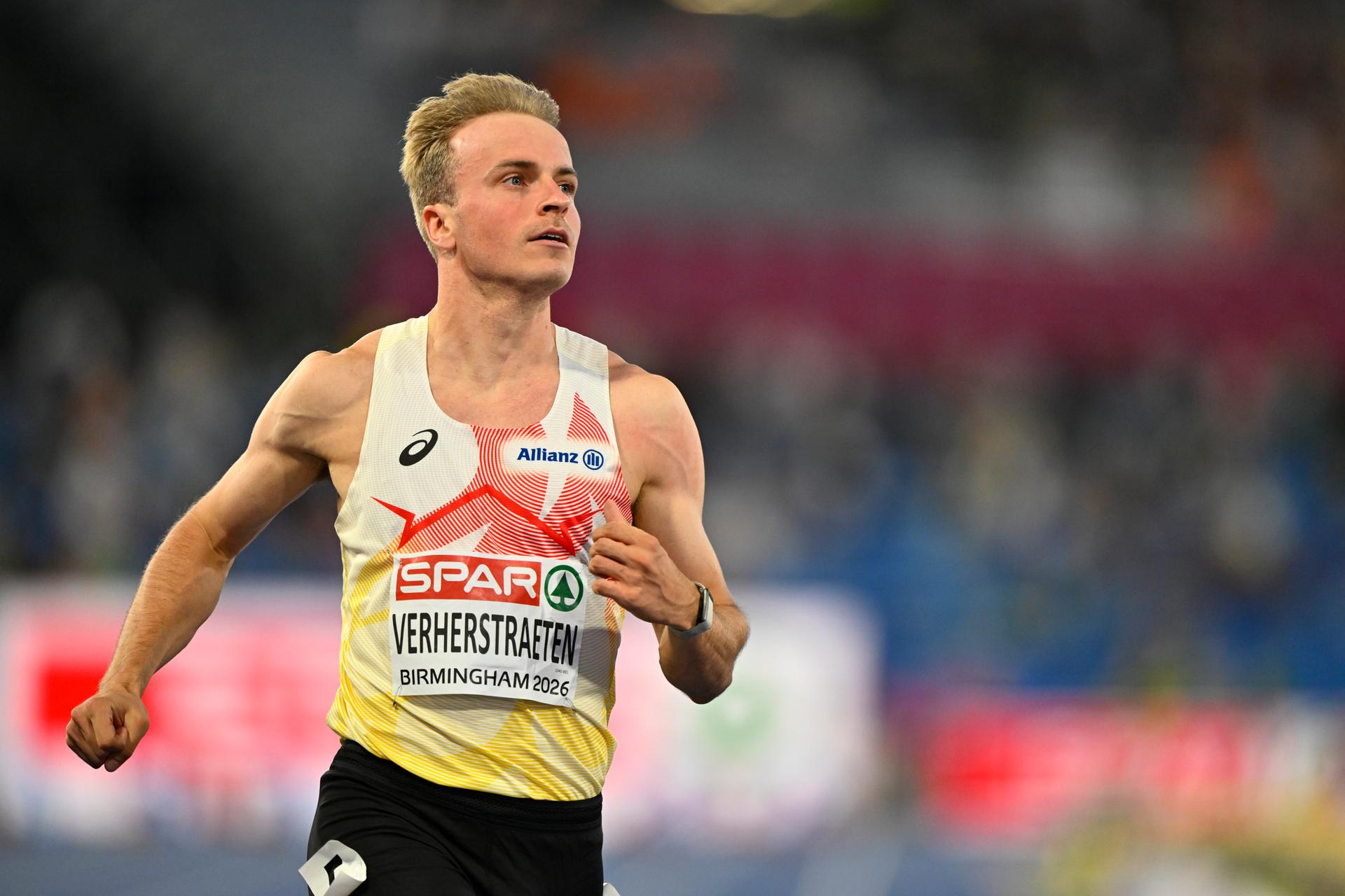 Belgian athlete Simon Verherstraeten is pictured in action duringt the semifinals of the 100m event on the second day of the European Athletics Championships (August 10-18) in Birmingham, United Kingdom, on Tuesday 11 August 2026. BELGA PHOTO ERIC LALMAND