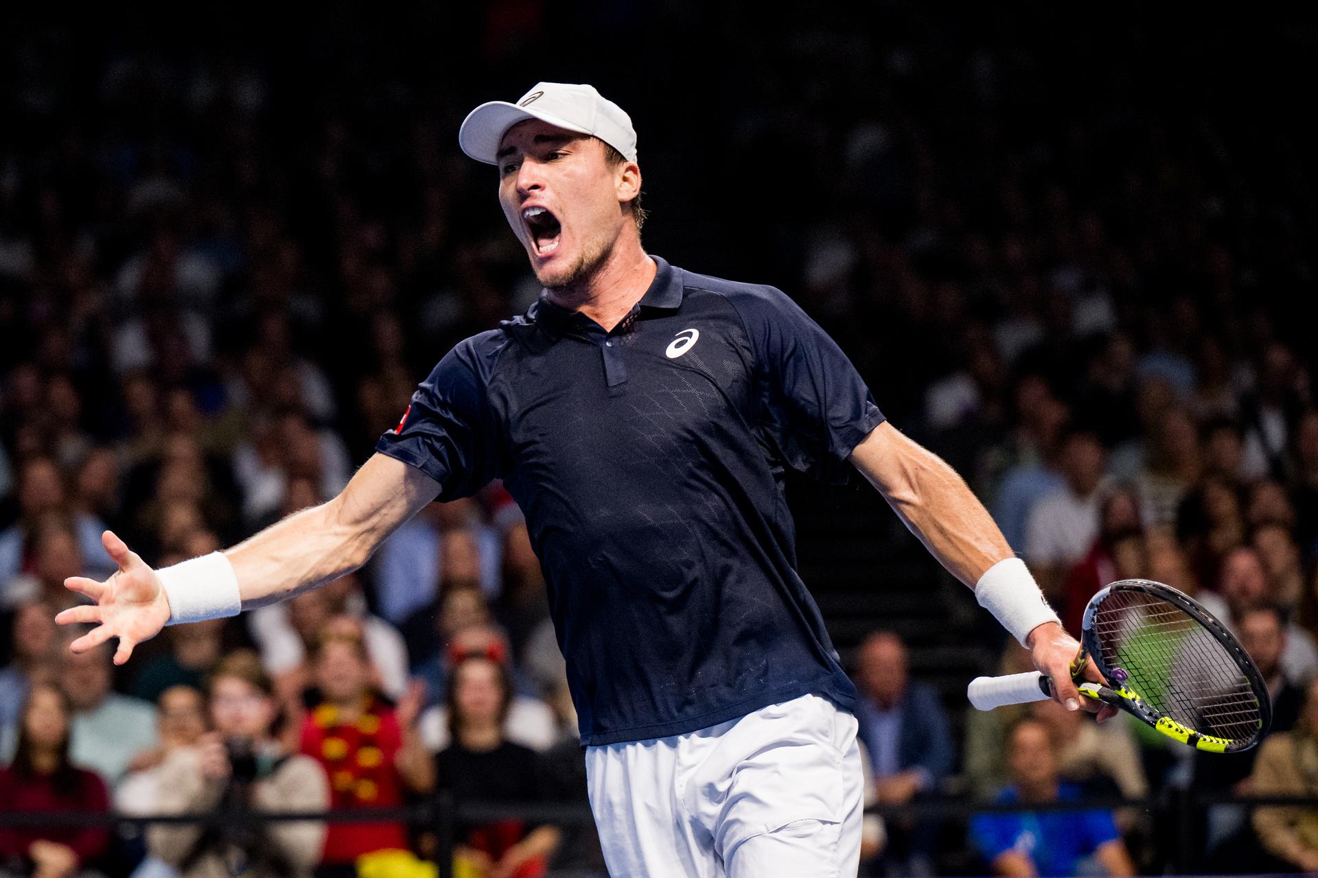Belgian Raphael Collignon celebrates during the European Open ATP tennis tournament in Brussels, on Friday 17 October 2025. This year's edition of the tournament is taking place from 12 to 19 October 2025. BELGA PHOTO JASPER JACOBS