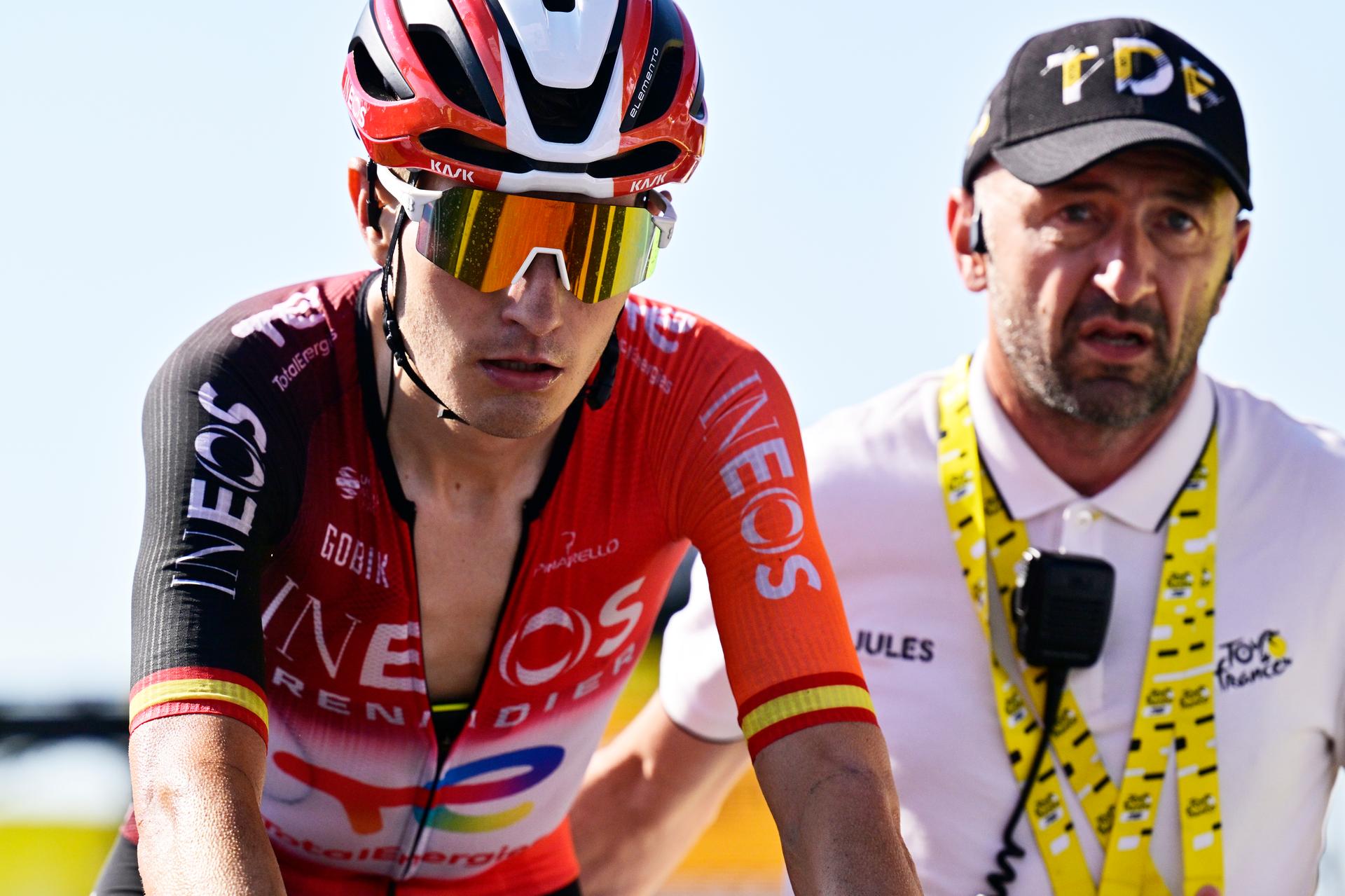Spanish Carlos Rodriguez Cano of Ineos Grenadiers crosses the finish line of stage 12 of the 2025 Tour de France cycling, from Auch to Hautacam (181 km), on Thursday 17 July 2025 in France. The 112th edition of the Tour de France starts on Saturday 5 July in Lille, France, and will finish in Paris, France on the 27th of July. BELGA PHOTO DIRK WAEM