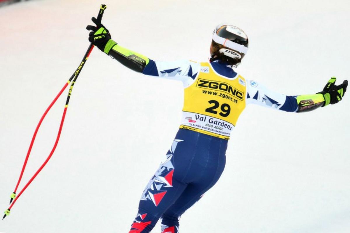 Czech Republic's Jan Zabystran celebrates after crossing the finish line of the men's Super G race during the FIS Alpine Ski World Cup, in Val Gardena, on December 19, 2025. Stefano RELLANDINI / AFP