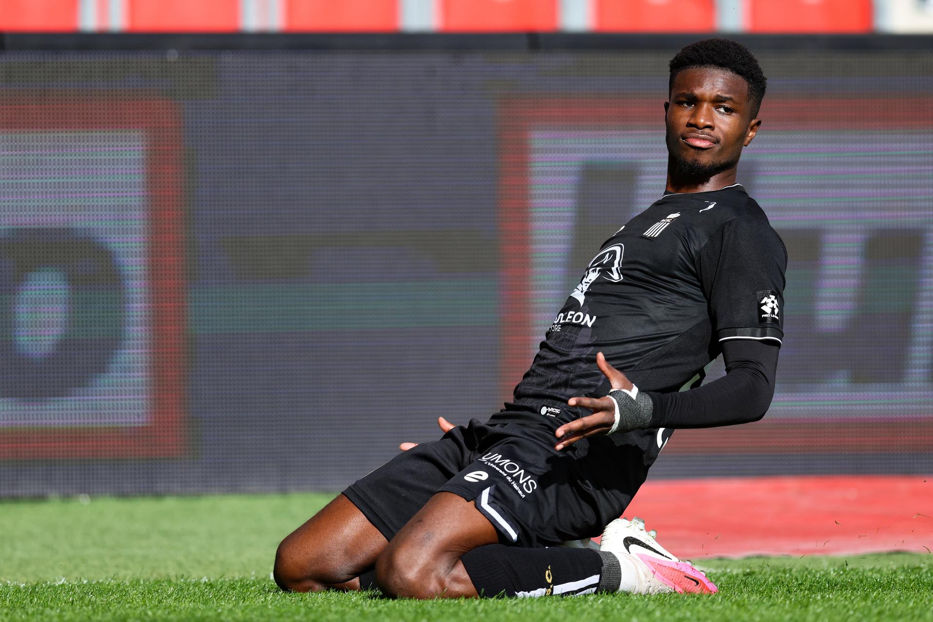 Charleroi's Cheick Keita celebrates after scoring during a soccer match between Standard de Liege and Sporting Charleroi, Sunday 11 October 2026 in Liège, on day 8 of the 2026-2027 'Jupiler Pro League' first division of the Belgian championship. BELGA PHOTO BRUNO FAHY