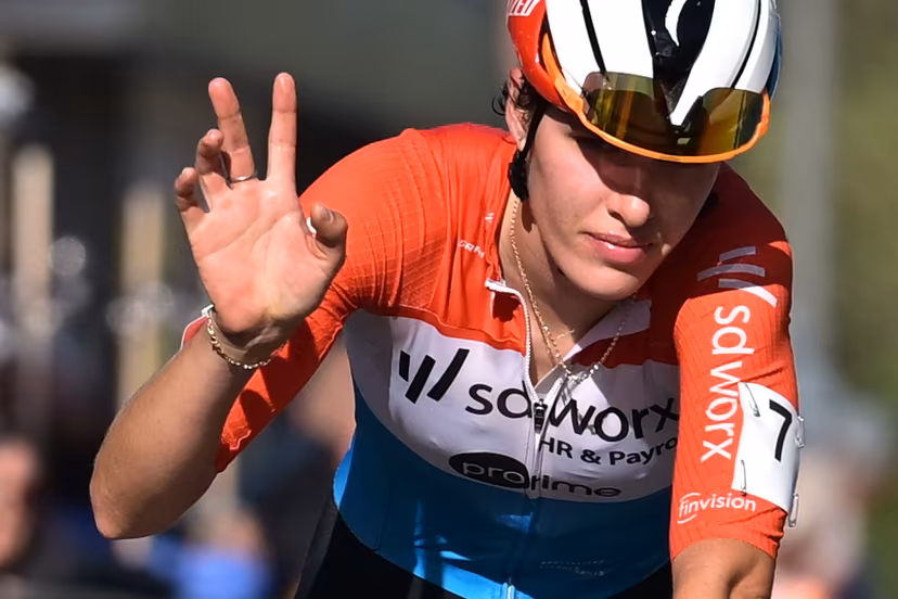 Luxembourg's Marie Schreiber crosses the finish line of the women elite race of the 'Kermiscross' cyclocross cycling event, on Thursday 15 October 2026, in Ardooie. BELGA PHOTO DAVID PINTENS