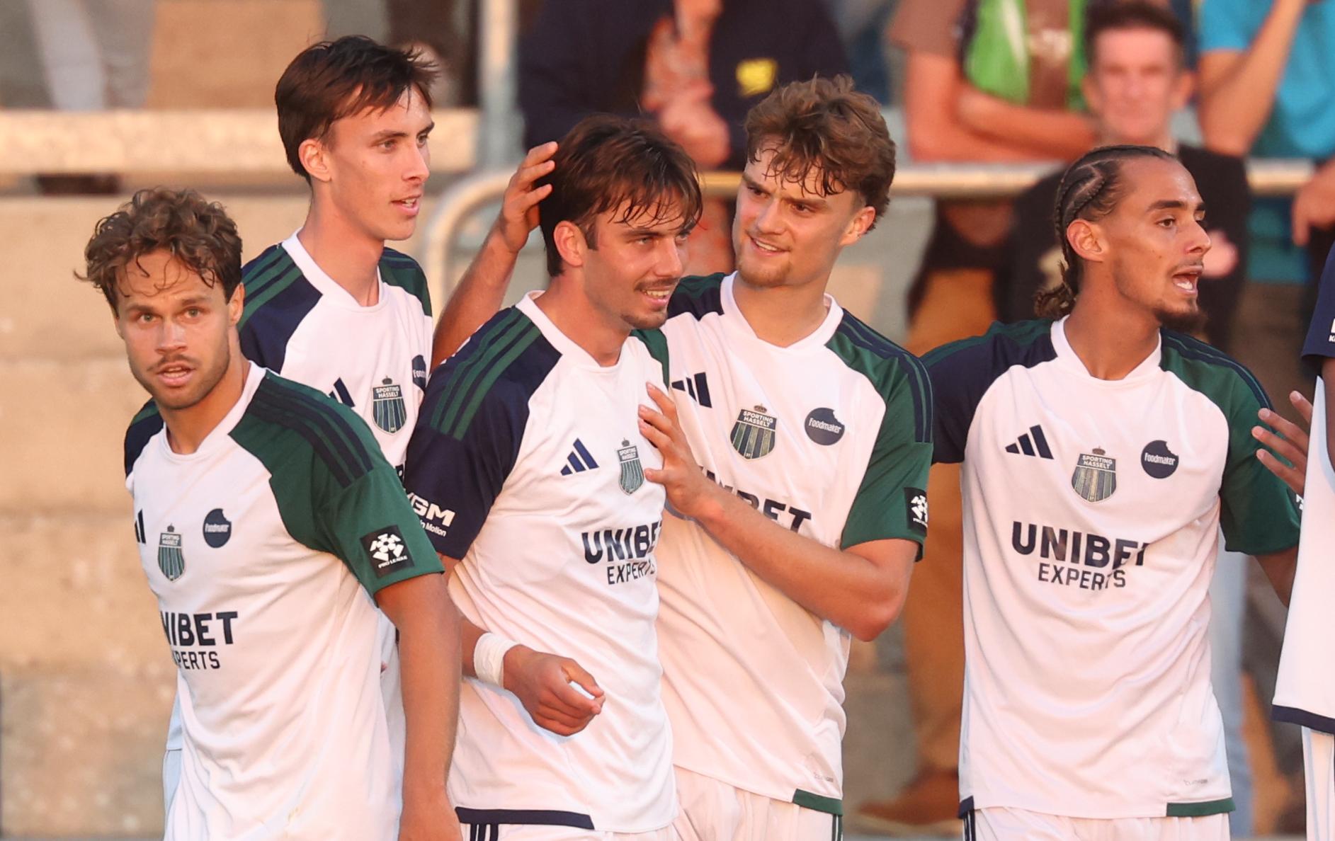 Hasselt's Livio Milts celebrates after scoring during a soccer match between Royal Francs Borains and Sporting Hasselt, Sunday 23 August 2026 in Boussu, on day 2 of the 2026-2027 'Challenger Pro League' 1B second division of the Belgian championship. BELGA PHOTO VIRGINIE LEFOUR