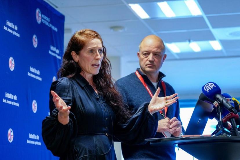 President of the Norwegian Football Association Lise Klaveness and Secretary General of the Norwegian Football Association, Karl-Petter Loken address a press conference of the Norwegian Football Association in Oslo, Norway on October 10, 2025 ahead of the FIFA World Cup 2026 European qualification football match Norway vs Israel to be played at Ullevaal Stadium on October 11. Fredrik Varfjell / NTB / AFP