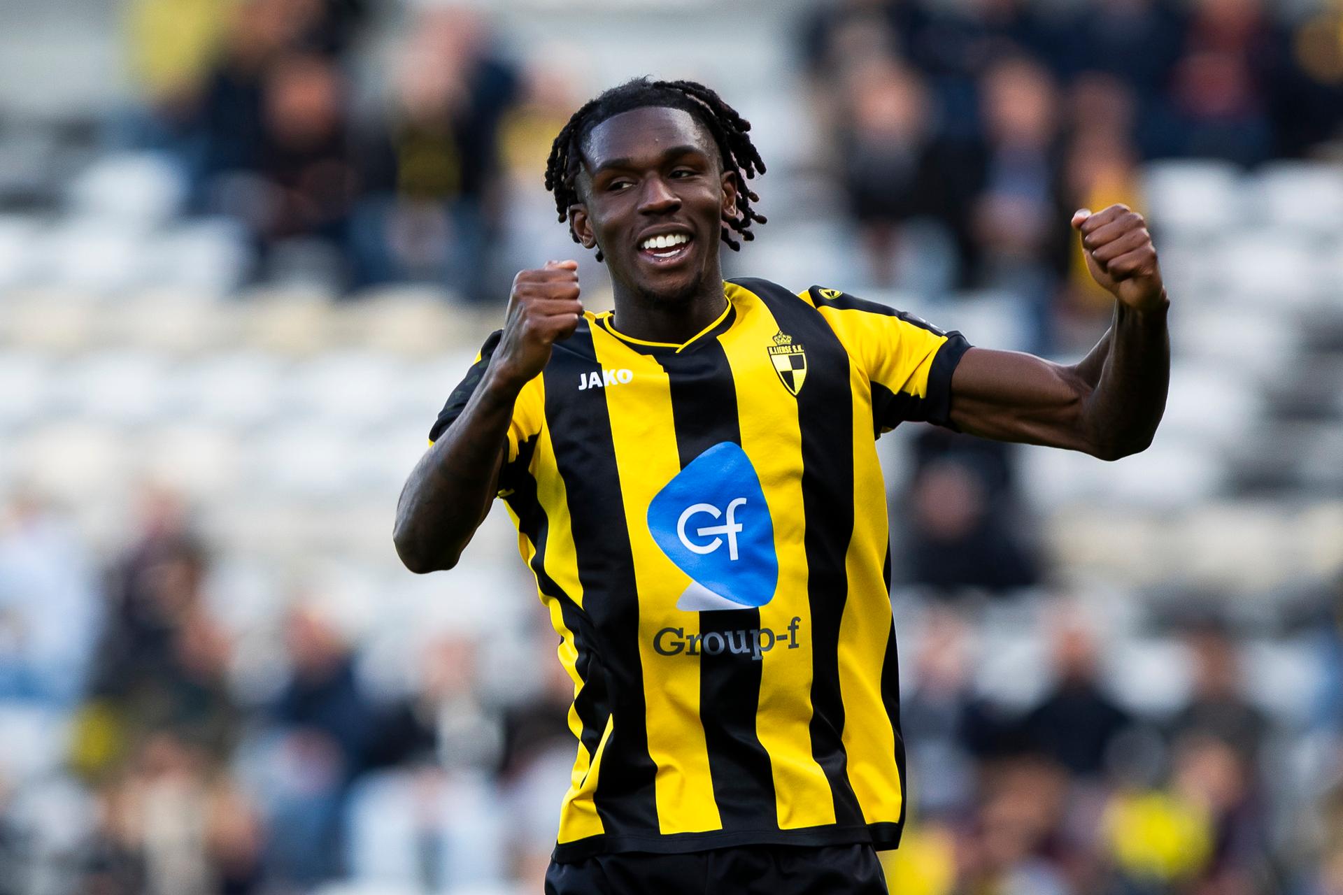 Lierse's Pierre Dwomoh celebrates during a soccer match between Lierse SK and Royal Francs Borains, Saturday 10 October 2026 in Lier, on day 7 of the 2026-2027 'Challenger Pro League' 1B second division of the Belgian championship. BELGA PHOTO KRISTOF VAN ACCOM