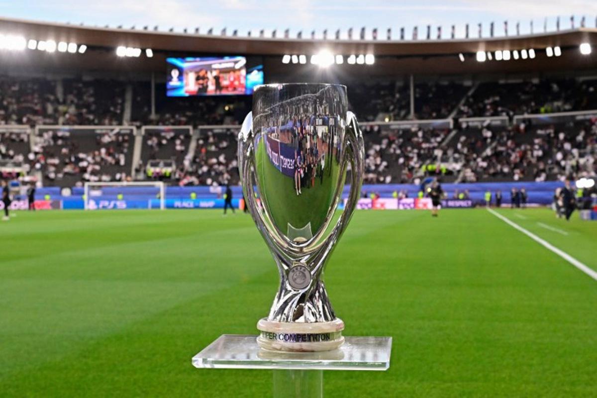 The Super Cup trophy is on display prior to the UEFA Super Cup football match between Real Madrid vs Eintracht Frankfurt in Helsinki, on August 10, 2022. JAVIER SORIANO / AFP