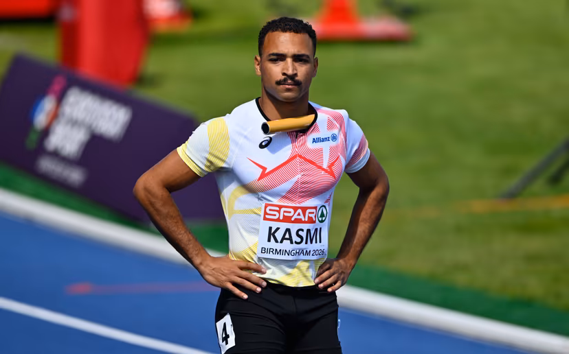 Belgium's Amine Kasmi pictured at the start of the first round of the men's 4x100m relay race, on the seventh day of the European Athletics Championships (August 10-18) in Birmingham, United Kingdom, on Saturday 15 August 2026. BELGA PHOTO ERIC LALMAND