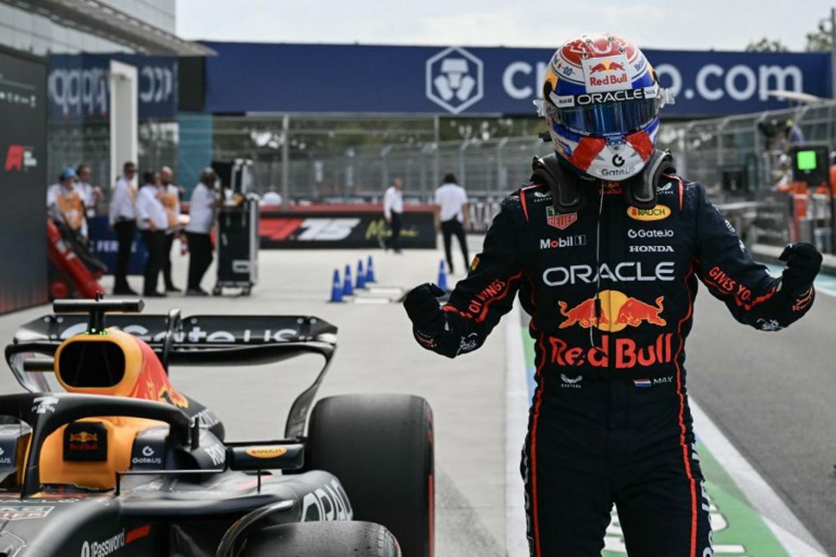 Red Bull Racing's Dutch driver Max Verstappen celebrates after winning the pole position during the qualifying session for the 2025 Miami Formula One Grand Prix at Miami International Autodrome in Miami Gardens, Florida, on May 3, 2025. CHANDAN KHANNA / AFP