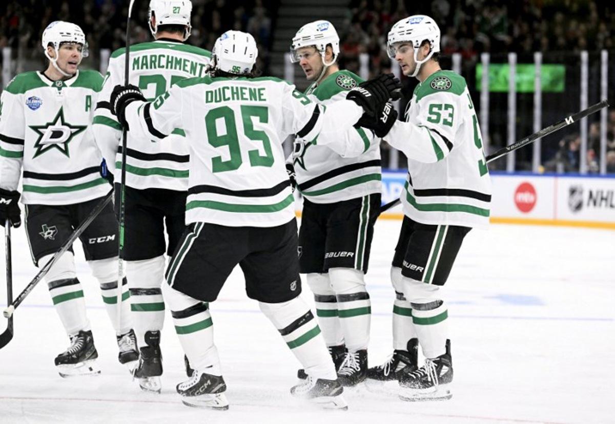 Miro Heiskanen (L-R), Mason Marchment, Matt Duchene, Evgenii Dadonov and Wyatt Johnston of Dallas celebrate a goal during the NHL Global Series Ice Hockey match Dallas Stars vs Florida Panthers in Tampere, Finland on November 2, 2024. NHL teams Dallas Stars and Florida Panthers face each other in NHL Global Series matches in Tampere on November 1 and November 2, 2024. Heikki Saukkomaa / Lehtikuva / AFP