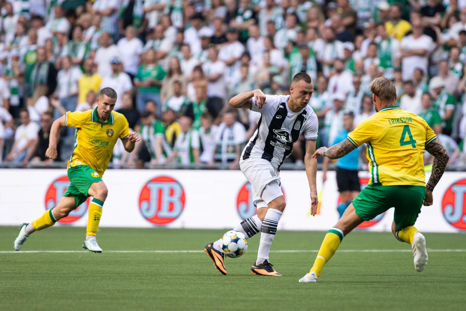 Nikola ŠtuliĿ of Charleroi against Victor Eriksson of Hammarby during a soccer game between Swedish soccer team Hammarby and Belgian soccer team Sporting Charleroi, in Stockholm, Wednesday 23 July 2025, in the second qualifying round (1st leg) of the 2025-2026 UEFA Europa League. BELGA PHOTO MICHAEL CAMPANELLA