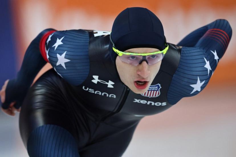 US's Jordan Stolz competes during the 1500m men race of the ISU World Speed Skating Championships in Hamar, Norway on March 16, 2025. Geir Olsen / NTB / AFP