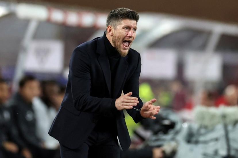 Monaco's Belgian head coach Sebastien Pocognoli gestures during the French L1 football match between AS Monaco and SCO Angers at the Stade Louis II in the Principality of Monaco on February 28, 2026. Valery HACHE / AFP