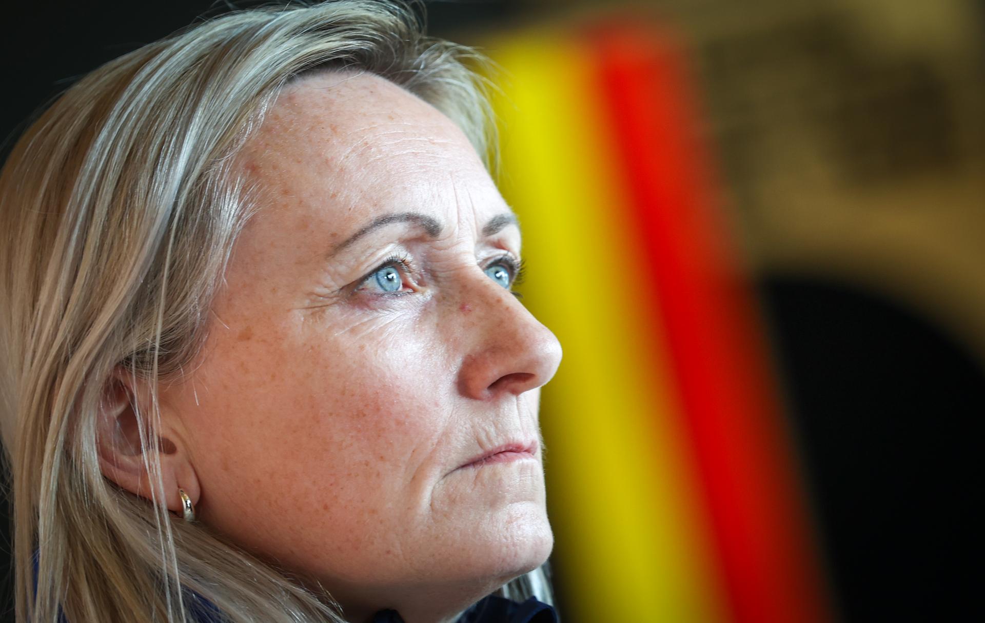 Belgium's head coach Elisabet Gunnarsdottir pictured during a press conference of Belgium's national women's soccer team the Red Flames, on Thursday 26 February 2026 in Tubize. The team is preparing for two games against Israel next week, in the qualifiers for the 2027 FIFA Women's World Cup. BELGA PHOTO VIRGINIE LEFOUR