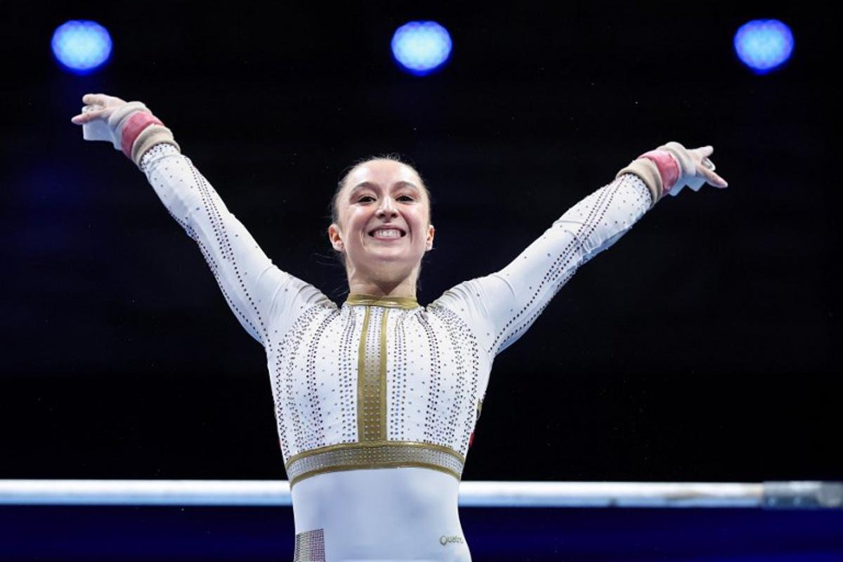 Belgium's Nina Derwael celebrates after competing during the women's uneven bars final of the Men's and Women's Artistic Gymnastics European Championships in Leipzig, eastern Germany on May 30, 2025. Ronny HARTMANN / AFP