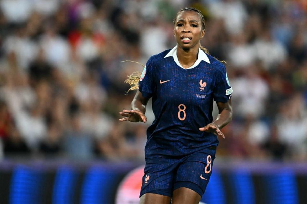 France's midfielder #08 Grace Geyoro celebrates after scoring her team's first goal during the UEFA Women's Euro 2025 quarter finals football match between France and Germany at the Parc Saint-Jacques (St. Jakob Park) stadium in Basel, on July 19, 2025. Fabrice COFFRINI / AFP