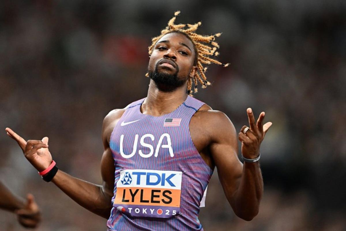 US sprinter Noah Lyles reacts after competing in the men's 200m semi-final during the World Athletics Championships in Tokyo on September 18, 2025. Jewel SAMAD / AFP