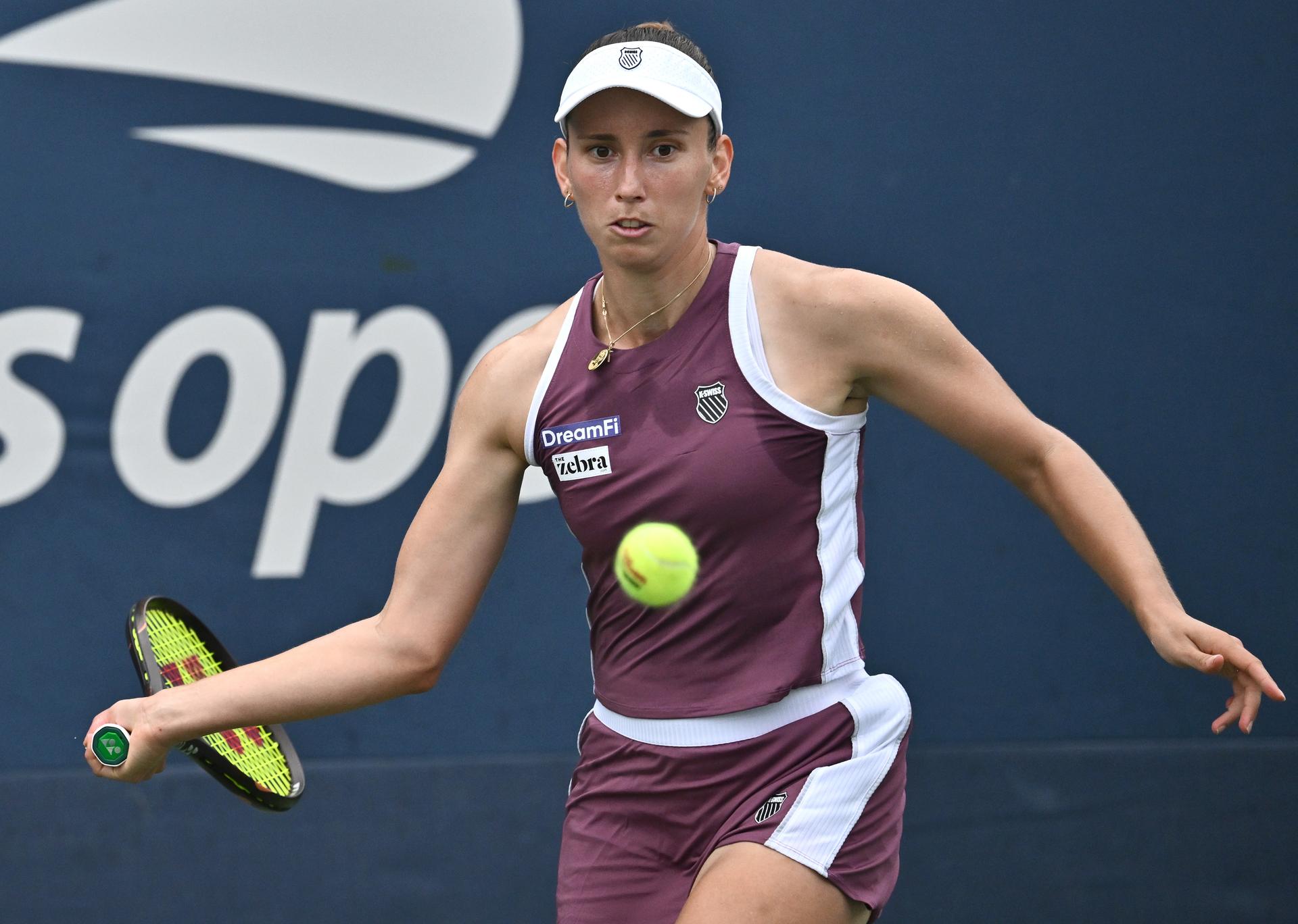 Elise Mertens of Belgium plays against Kaitlin Quevedo of Spain during the Women's singles Round 1 of the 2026 US Open Tennis Championship, USTA Billie Jean King National Tennis Center in Flushing Meadow-Corona Park, in the Queens borough of New York, NY, September 1, 2026. (Photo by Anthony Behar/Sipa USA) BELGA PHOTO BENELUX ONLY