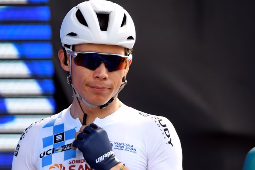 Colombia's Miguel Angel Lopez gestures before the start of the 7th stage of the Vuelta a San Juan 2023, in San Juan, Argentina, on January 29, 2023. Andres Larrovere / AFP