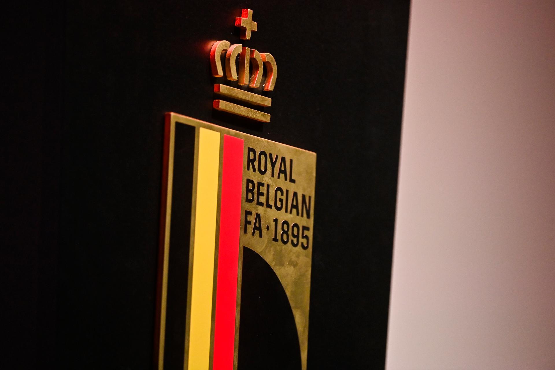 Illustration picture shows the logo of the Royal Belgian Football Association during a press conference of Belgian national soccer team Red Devils to announce the selection for the upcoming matches in the Nations League , Friday 01 October 2021 in Tubize. BELGA PHOTO LAURIE DIEFFEMBACQ